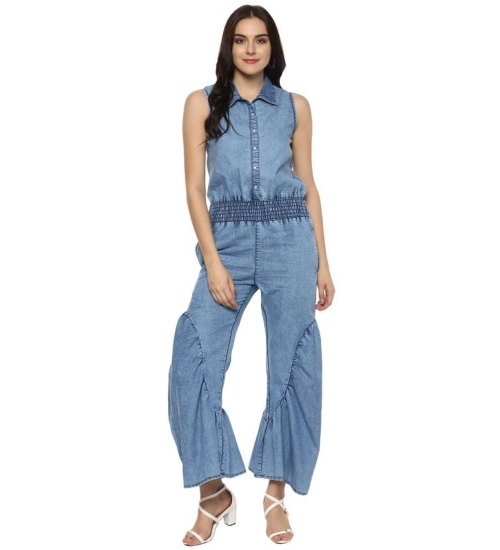 Women's Denim Solid Sleeveless Jumpsuit (Blue)