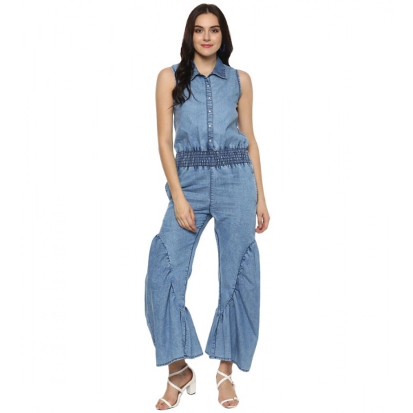 Dropship Women's Denim Solid Sleeveless Jumpsuit (Blue)