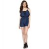 Dropship Women's Denim Ruffled Shoulder Straps Jumpsuit (Blue)