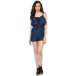 Women's Denim Ruffled Shoulder Straps Jumpsuit (Blue)