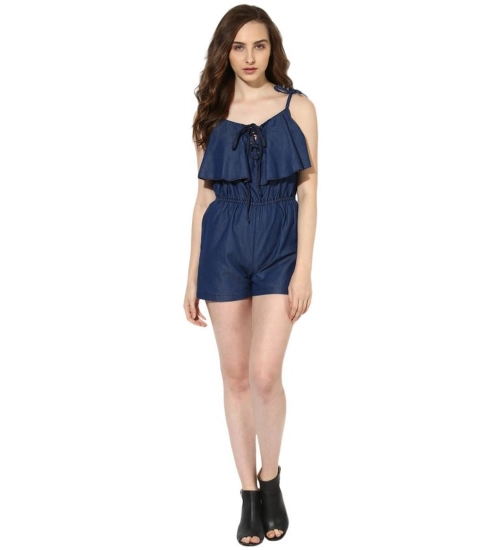 Women's Denim Ruffled Shoulder Straps Jumpsuit (Blue)