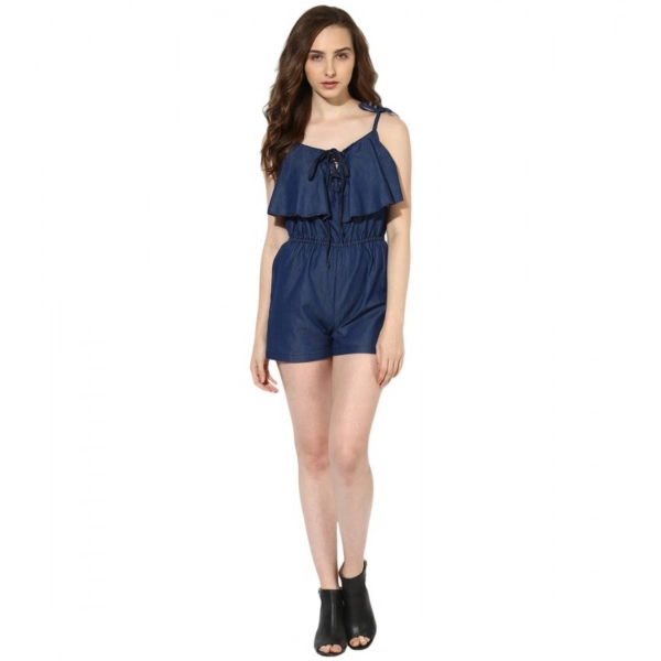 Dropship Women's Denim Ruffled Shoulder Straps Jumpsuit (Blue)
