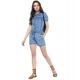 Women's Denim Solid Short Sleeve Jumpsuit (Blue)