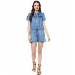 Women's Denim Solid Short Sleeve Jumpsuit (Blue)