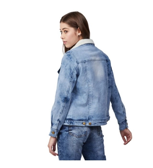 Women's Denim Washed Long Sleeve Jacket (Blue)