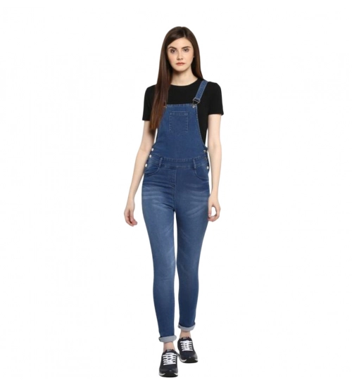 Women's Denim Solid Dungaree Pant (Blue)
