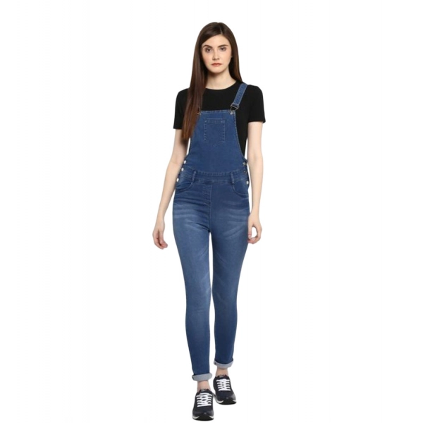Dropship Women's Denim Solid Dungaree Pant (Blue)