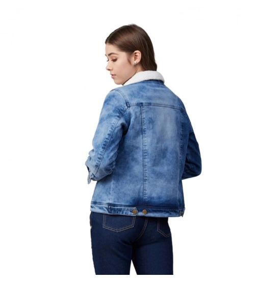 Women's Denim Washed Long Sleeve Jacket (Blue)