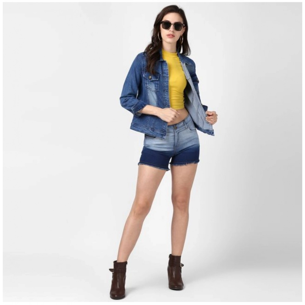 Women's Denim Hand Painted Long Sleeve Jacket (Blue) Women's Denim Hand Painted Long Sleeve Jacket (Blue)