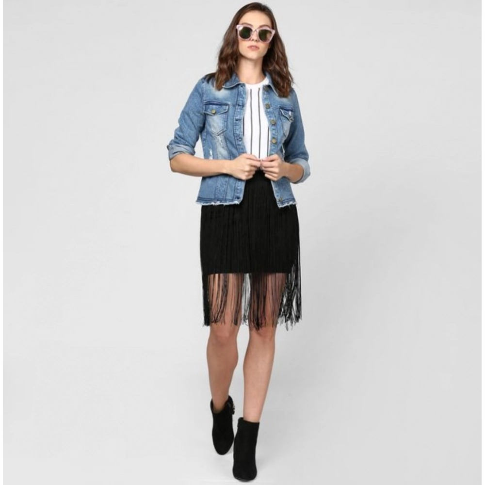 Women's Denim Distressed Long Sleeve Jacket (Blue) Women's Denim Distressed Long Sleeve Jacket (Blue)