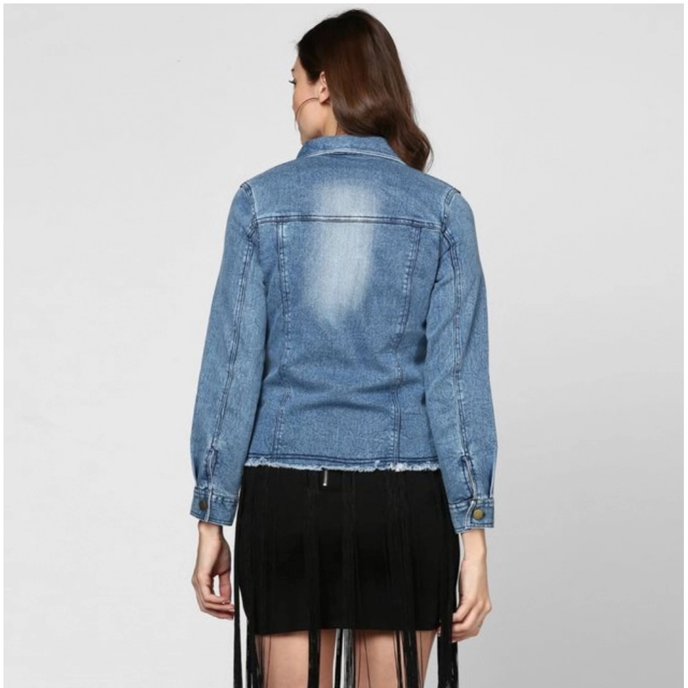 Women's Denim Distressed Long Sleeve Jacket (Blue) Women's Denim Distressed Long Sleeve Jacket (Blue)