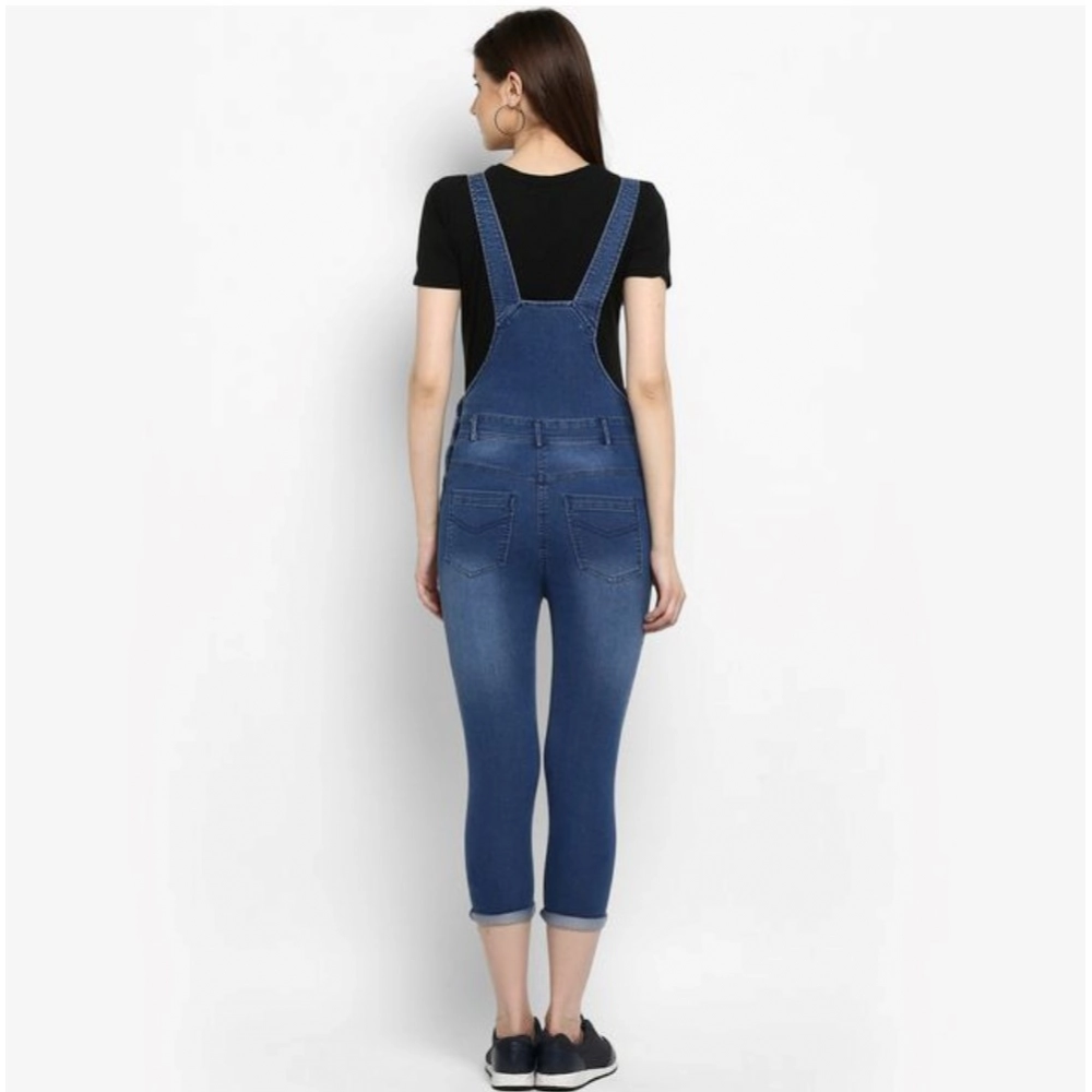 Women's Denim Solid Dungaree Pant (Blue)