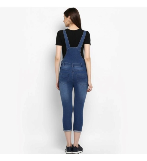Women's Denim Solid Dungaree Pant (Blue)