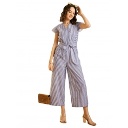 Women's Cotton Chambray Striped Short Sleeve Jumpsuit (Blue)