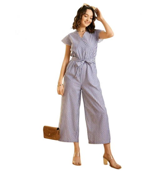 Women's Cotton Chambray Striped Short Sleeve Jumpsuit (Blue)