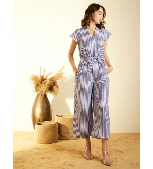 Women's Cotton Chambray Striped Short Sleeve Jumpsuit (Blue) Women's Cotton Chambray Striped Short Sleeve Jumpsuit (Blue)