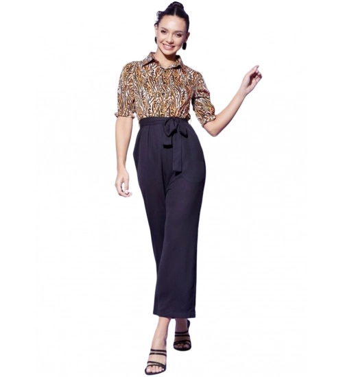 Women's Polyester Animal Print Half Sleeve Jumpsuit (Orange - Black)