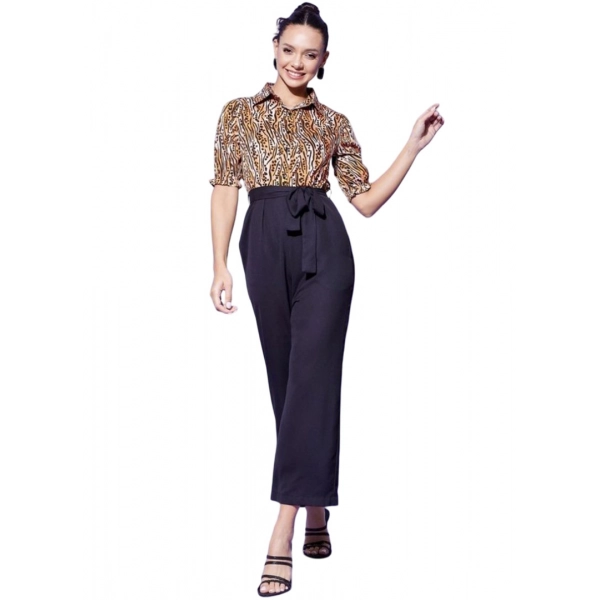 Dropship Women's Polyester Animal Print Half Sleeve Jumpsuit (Orange - Black)