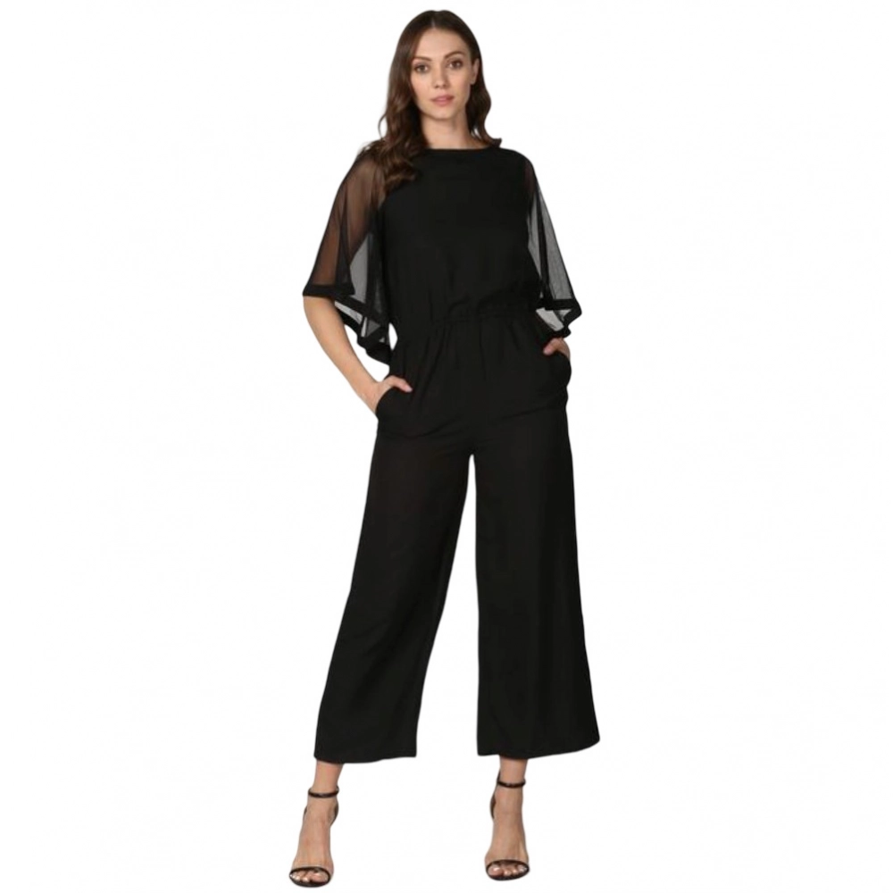 Women's Polyester Solid Half Sleeve Jumpsuit (Black) Women's Polyester Solid Half Sleeve Jumpsuit (Black)
