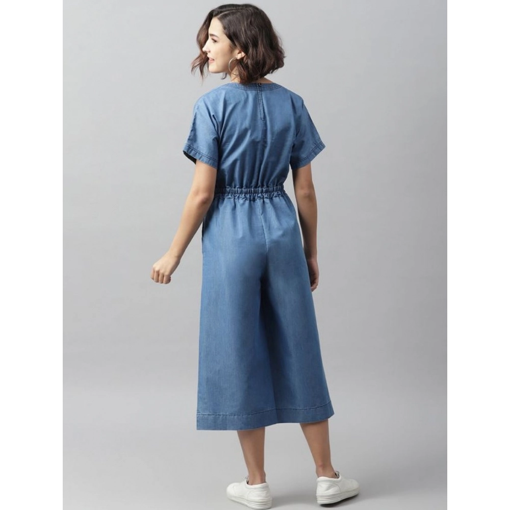 Women's Denim Solid Half Sleeve Jumpsuit (Blue) Women's Denim Solid Half Sleeve Jumpsuit (Blue)