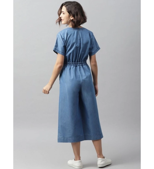 Women's Denim Solid Half Sleeve Jumpsuit (Blue)