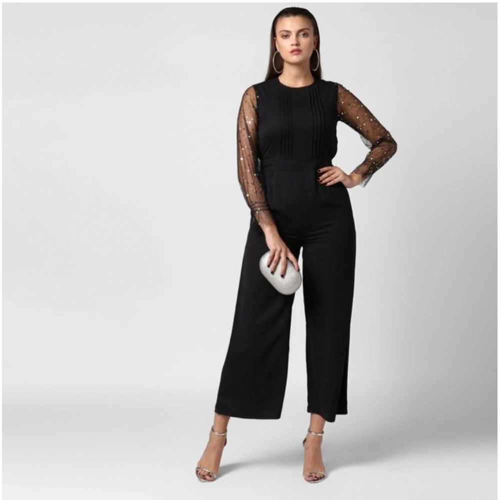 Women's Polyester Embellished Long Sleeve Jumpsuit (Black)