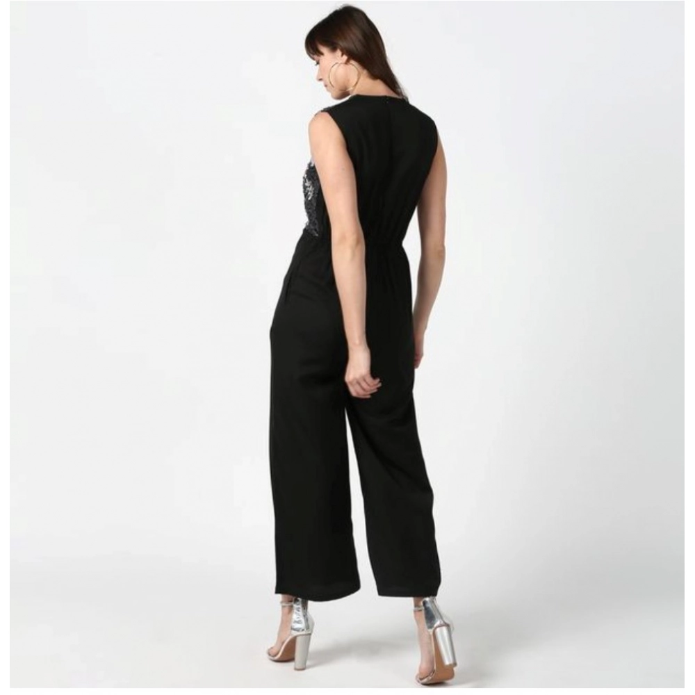Women's Polyester Embroidered Sleeveless Jumpsuit (Black) Women's Polyester Embroidered Sleeveless Jumpsuit (Black)