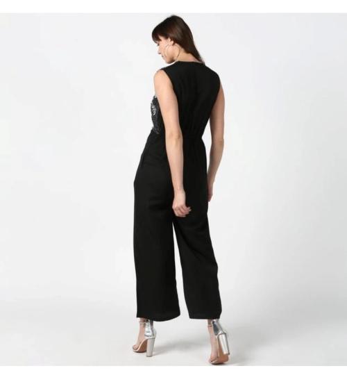 Women's Polyester Embroidered Sleeveless Jumpsuit (Black)