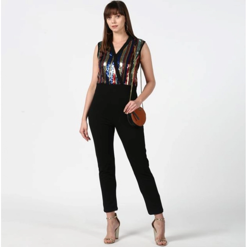 Women's Polyester Embellished Sleeveless Jumpsuit (Black) Women's Polyester Embellished Sleeveless Jumpsuit (Black)