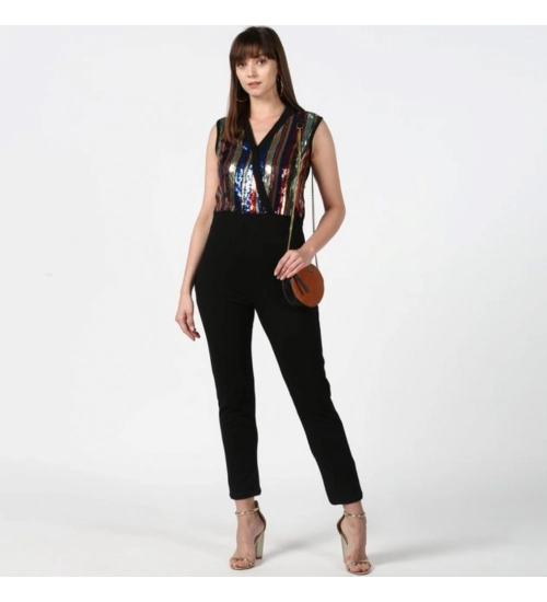 Women's Polyester Embellished Sleeveless Jumpsuit (Black)