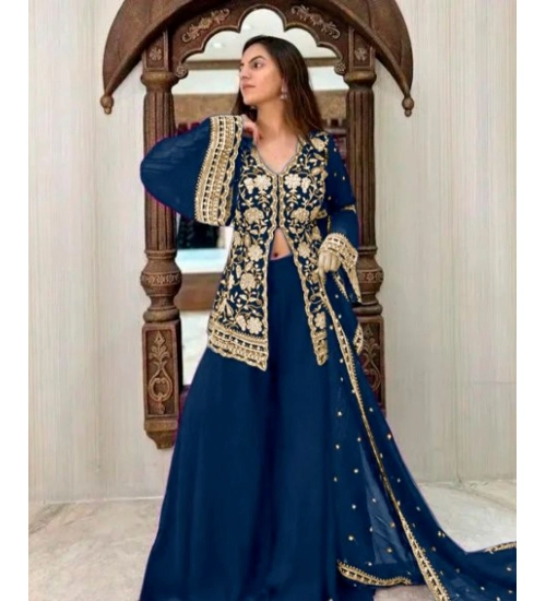 Women's Georgette Embroidery 3-4th Sleeve V-Neck Kurti, Palazzo And Dupatta Set (Morpich)