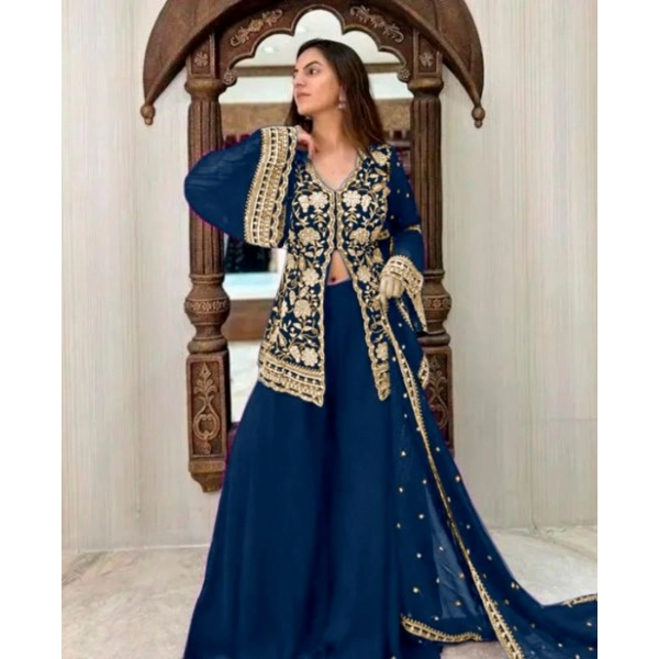 Dropship Women's Georgette Embroidery 3-4th Sleeve V-Neck Kurti, Palazzo And Dupatta Set (Morpich)