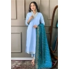 Dropship Women's Roman Silk Embroidery 3-4th Sleeve V-Neck Kurti With Pant Dupatta Set (Rama)