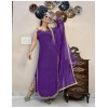 Dropship Women's Georgette Embroidery Sleeveless Round Neck Kurti, Palazzo And Dupatta Set (Purple)