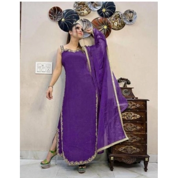 Dropship Women's Georgette Embroidery Sleeveless Round Neck Kurti, Palazzo And Dupatta Set (Purple)