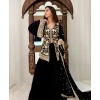 Dropship Women's Georgette Embroidery 3-4th Sleeve V-Neck Kurti, Palazzo And Dupatta Set (Black)