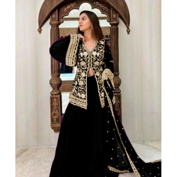 Dropship Women's Georgette Embroidery 3-4th Sleeve V-Neck Kurti, Palazzo And Dupatta Set (Black)
