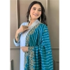 Dropship Women's Roman Silk Embroidery 3-4th Sleeve V-Neck Kurti With Pant Dupatta Set (Rama)