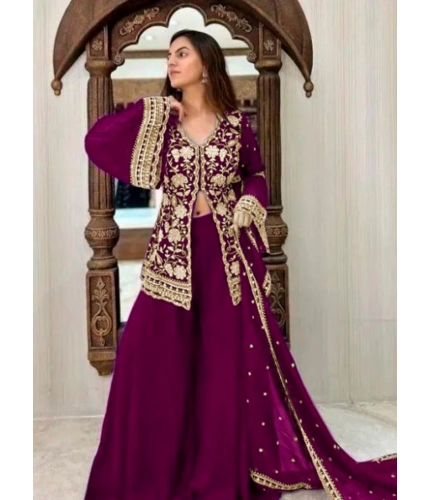 Women's Georgette Embroidery 3-4th Sleeve V-Neck Kurti, Palazzo And Dupatta Set (Wine)