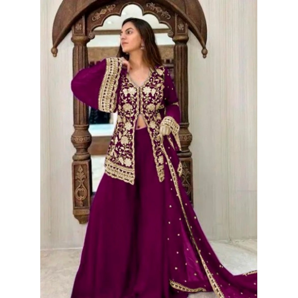 Dropship Women's Georgette Embroidery 3-4th Sleeve V-Neck Kurti, Palazzo And Dupatta Set (Wine)
