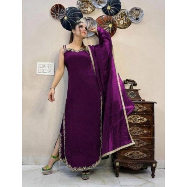 Dropship Women's Georgette Embroidery Sleeveless Round Neck Kurti, Palazzo And Dupatta Set (Wine)