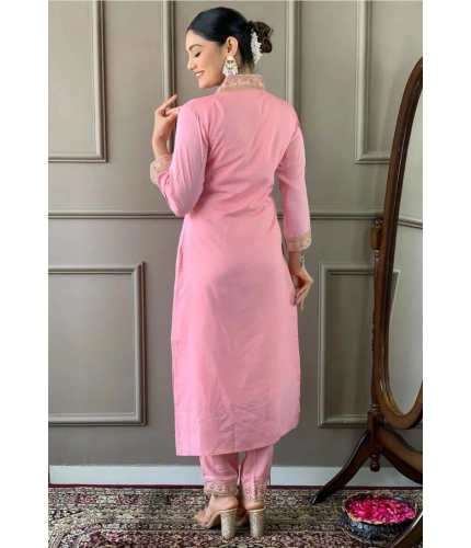 Women's Roman Silk Embroidery 3-4th Sleeve V-Neck Kurti With Pant Dupatta Set (Pink)