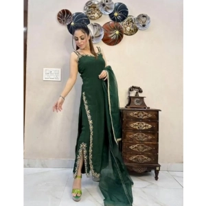 Generic Women's Georgette Embroidery Sleeveless Round Neck Kurti, Palazzo And Dupatta Set (Green)
