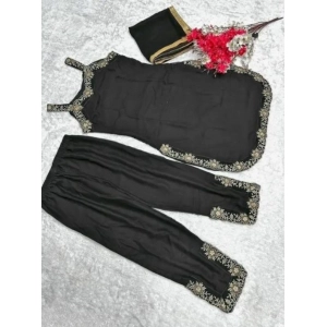 Generic Women's Georgette Embroidery Sleeveless Round Neck Kurti, Palazzo And Dupatta Set (Black)