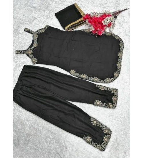 Women's Georgette Embroidery Sleeveless Round Neck Kurti, Palazzo And Dupatta Set (Black) Women's Georgette Embroidery Sleeveless Round Neck Kurti, Palazzo And Dupatta Set (Black)