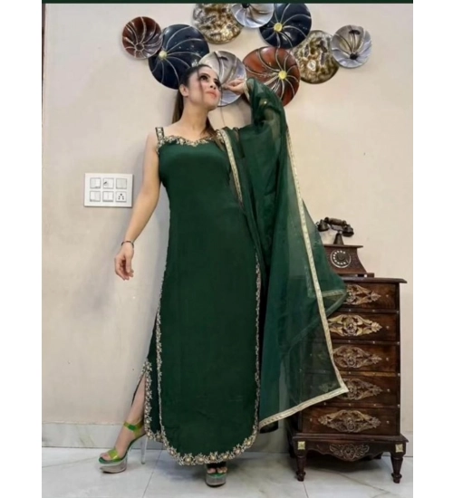 Women's Georgette Embroidery Sleeveless Round Neck Kurti, Palazzo And Dupatta Set (Green)
