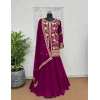 Dropship Women's Georgette Embroidery 3-4th Sleeve V-Neck Kurti, Palazzo And Dupatta Set (Wine)