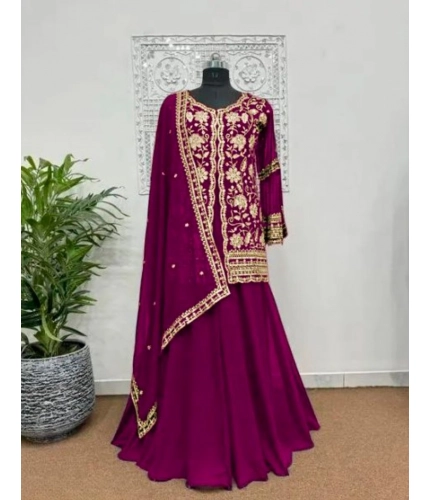 Women's Georgette Embroidery 3-4th Sleeve V-Neck Kurti, Palazzo And Dupatta Set (Wine)