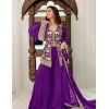 Dropship Women's Georgette Embroidery 3-4th Sleeve V-Neck Kurti, Palazzo And Dupatta Set (Purple)