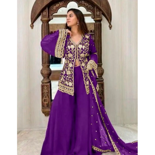 Dropship Women's Georgette Embroidery 3-4th Sleeve V-Neck Kurti, Palazzo And Dupatta Set (Purple)